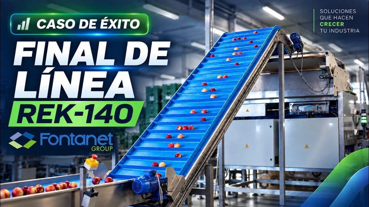 Portada del vídeo: elevador de tablillas azul subiendo fruta hacia la línea de la REK 140