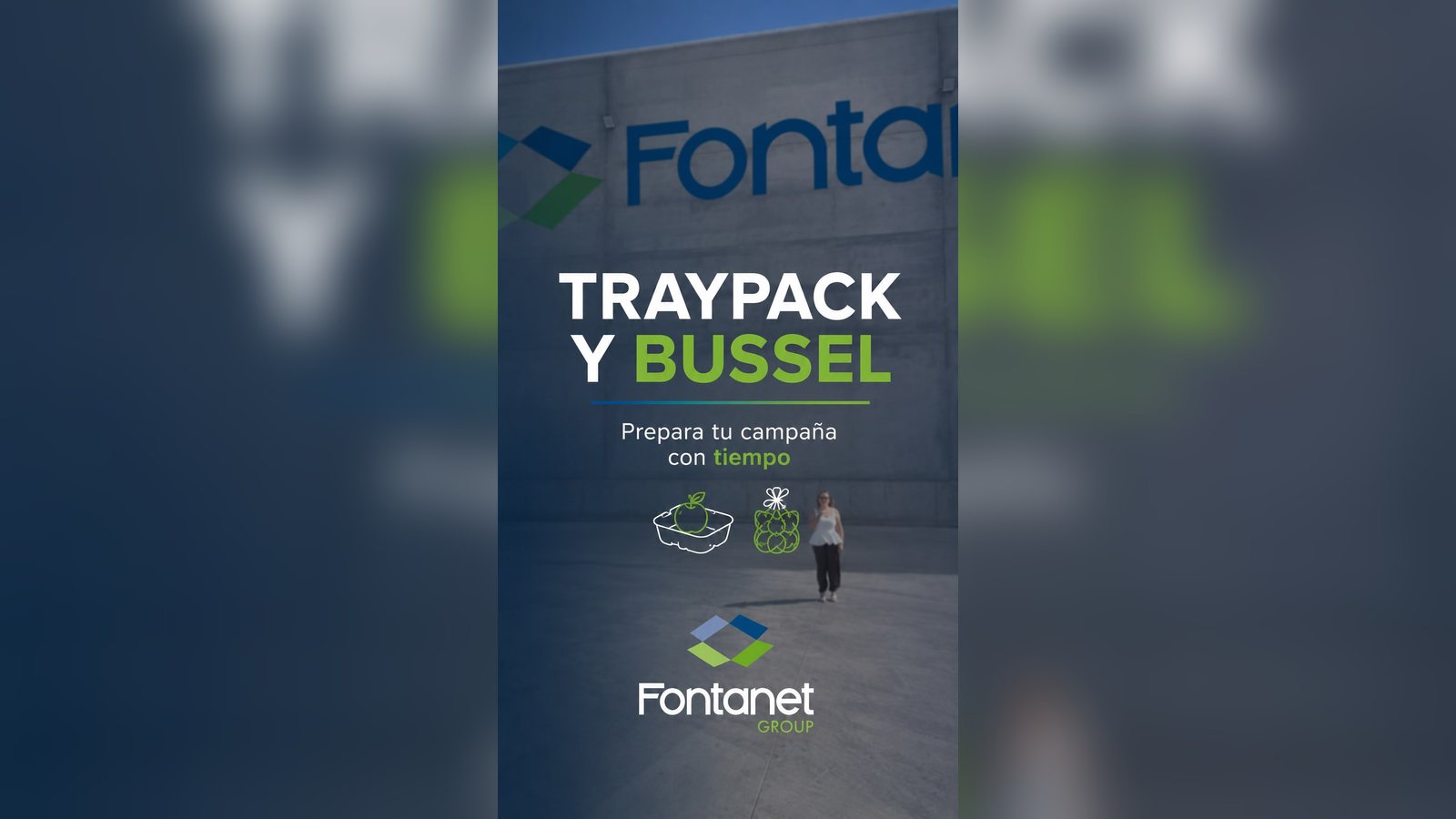 Fachada del almacén de Fontanet Group en Fraga con el rótulo Traypack y Bussel: prepara tu campaña con tiempo