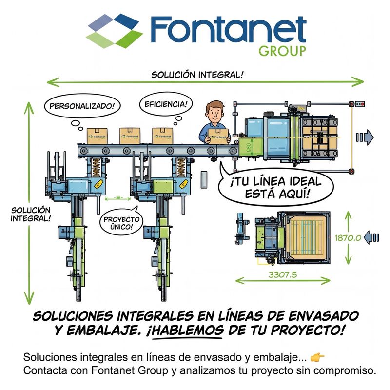 Ilustración de una línea de envasado y embalaje con cinta transportadora de cajas, dos máquinas de encajado y paletizado final, con el lema «soluciones integrales»