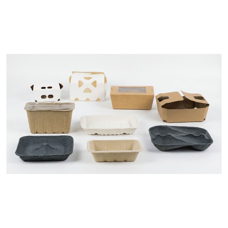 Barquetas y estuches de cartón blanco y kraft, uno con ventana, junto a bandejas de celulosa moldeada beige, blanca y gris
