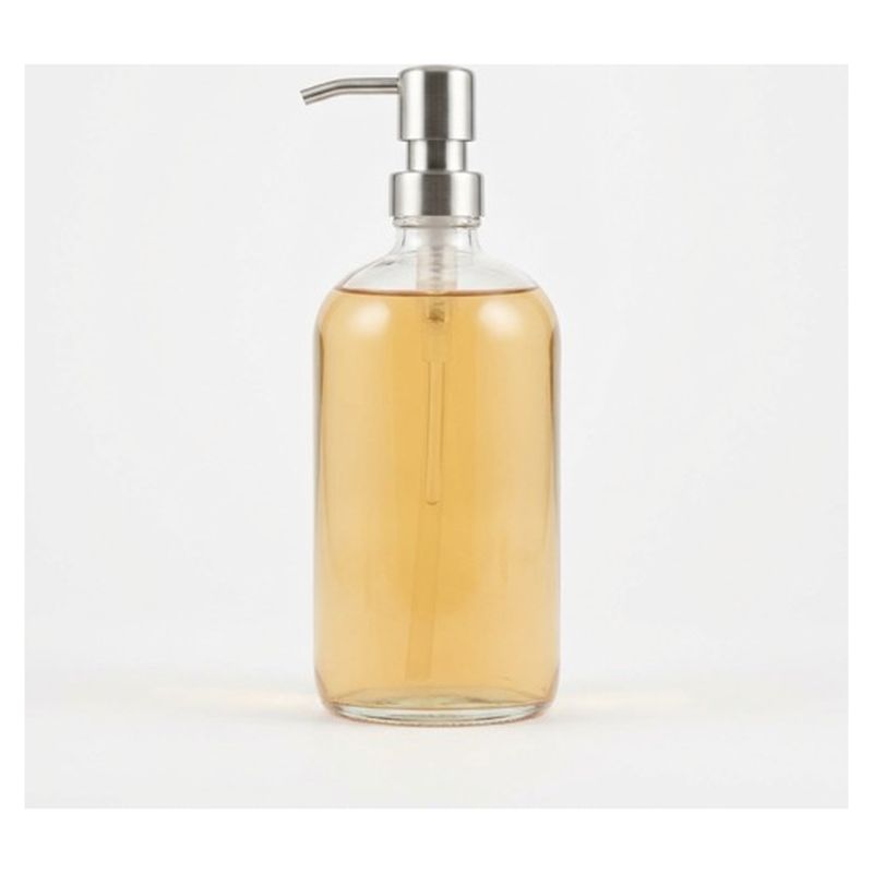 Amber bottle of liquid soap with pump dispenser