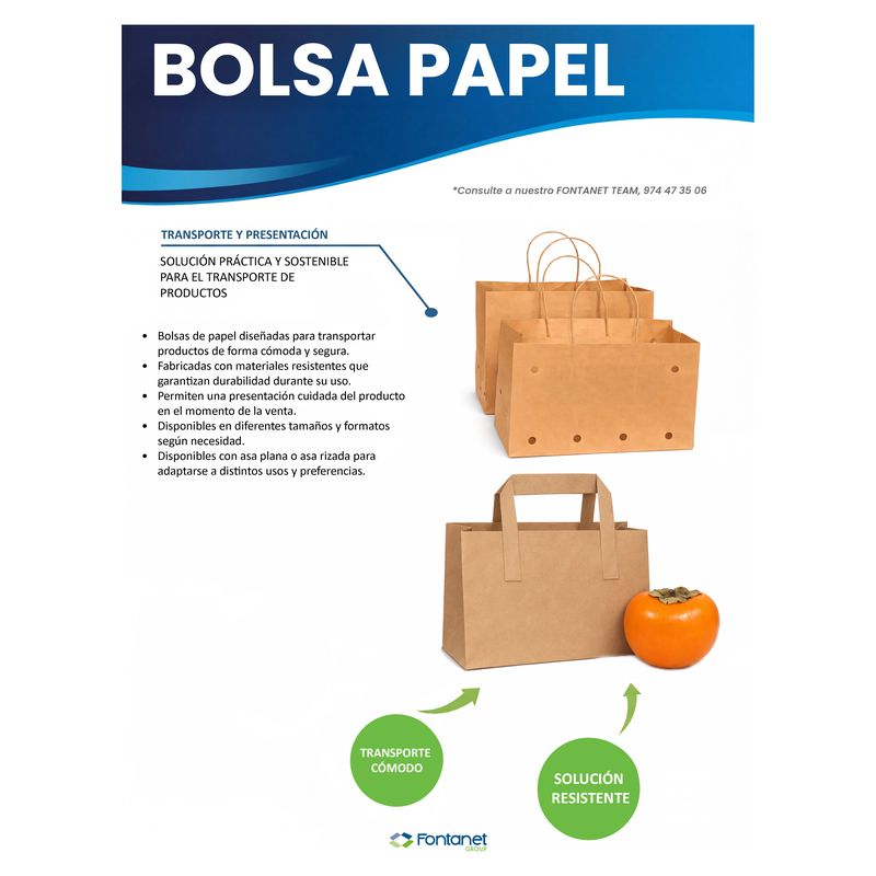 Paper bag catalogue sheet with twisted-handle kraft bags with perforations and a flat-handle bag next to a persimmon