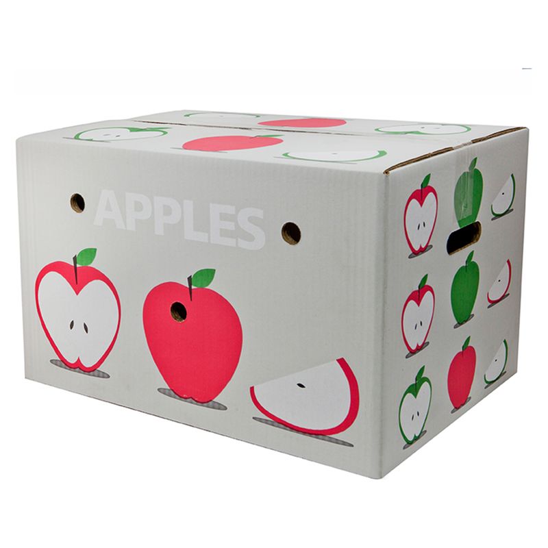 Caja bussel de cartón con ilustraciones de manzanas y orificios de ventilación