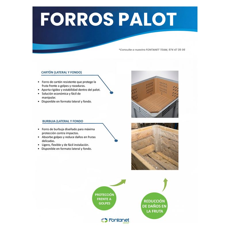 Hoja de catálogo de forros palot: forro de cartón ranurado en palot de plástico y forro de burbuja en palot de madera