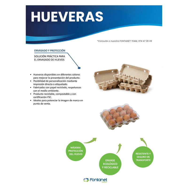 Hoja de catálogo de hueveras con estuches de cartón moldeado abiertos y una huevera con tapa transparente llena de huevos