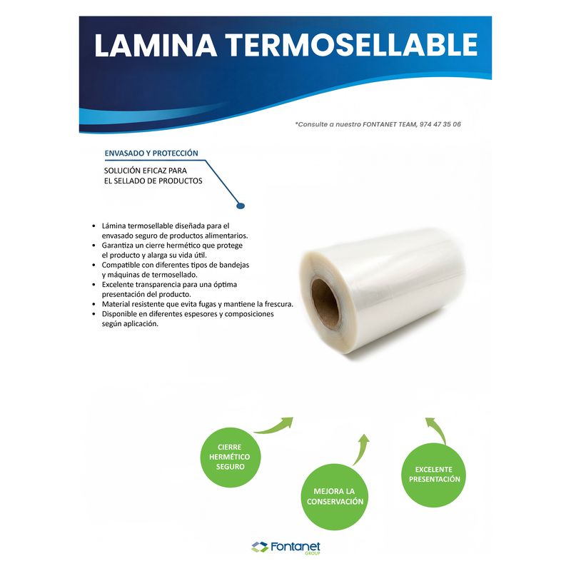 Catalogue sheet of heat-sealable lidding film with a reel of clear film on a cardboard core