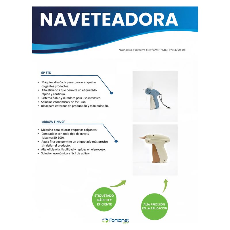 Hoja de catálogo de la naveteadora con los modelos GP STD y Arrow Fina 9F
