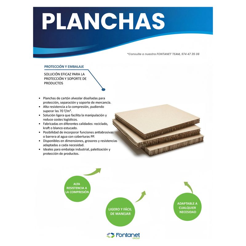 Hoja de catálogo de planchas: tres planchas de cartón alveolar apiladas con el nido de abeja visible en el canto