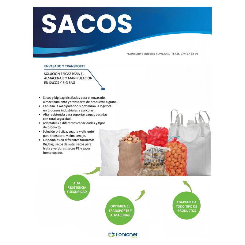 Hoja de catálogo de sacos con saco blanco tejido, saco de yute con patatas, sacos de malla, saco de patatas de consumo y big bag