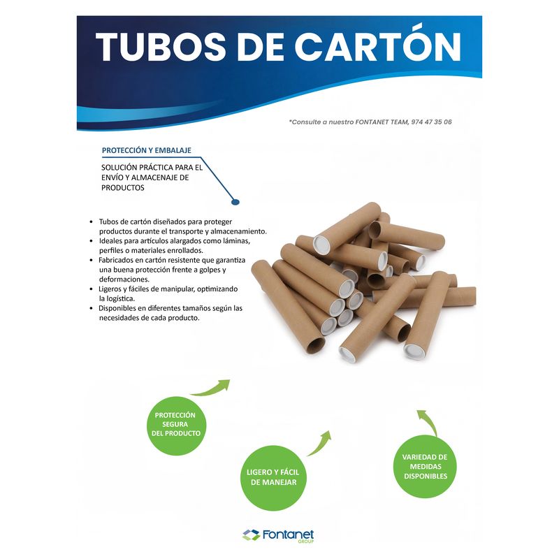 Hoja de catálogo de tubos de cartón: tubos kraft de varias longitudes con tapones blancos en los extremos