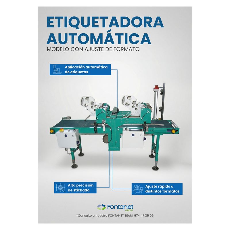 Catalogue sheet for the automatic labeller with format adjustment, green frame and two heads