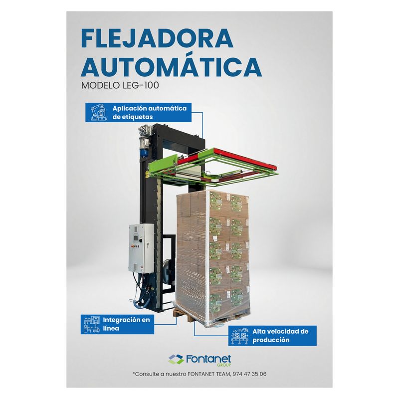 Reggiatrice automatica LEG-100 con colonna nera, telaio di guida verde e rosso e pallet di scatole di cartone sotto