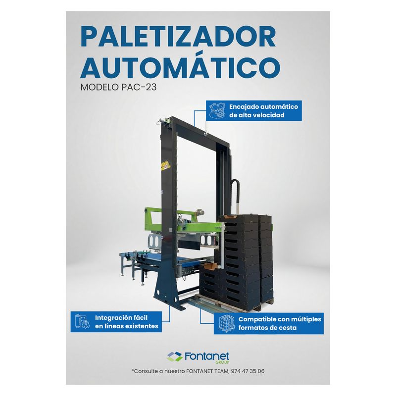 Pallettizzatore automatico PAC-23 a portale con pile di cestini di cartone su un pallet