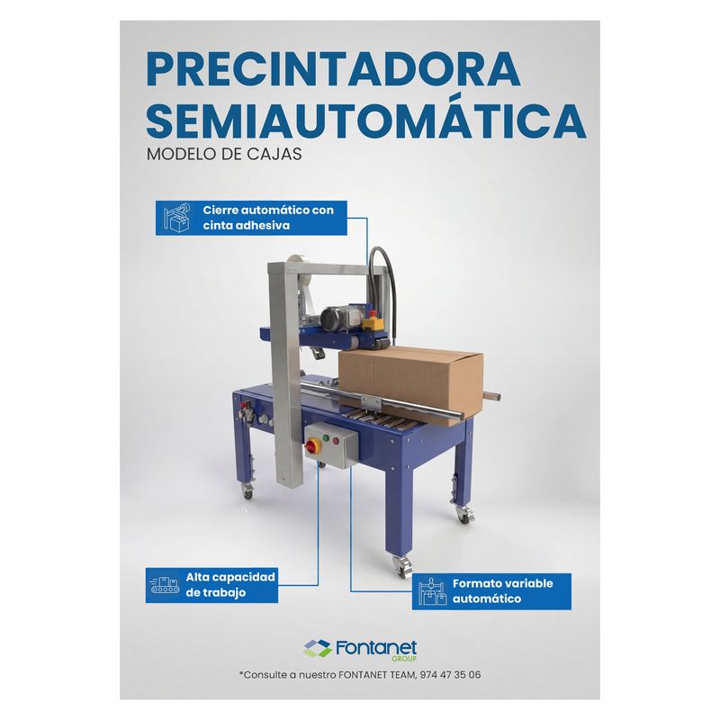 Semi-automatic case sealer with packaging tape head, rollers and a cardboard box at the infeed