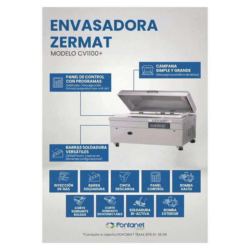 Fiche catalogue de la machine sous vide Zermat CV1100+ à grande cloche ouverte, sur roulettes