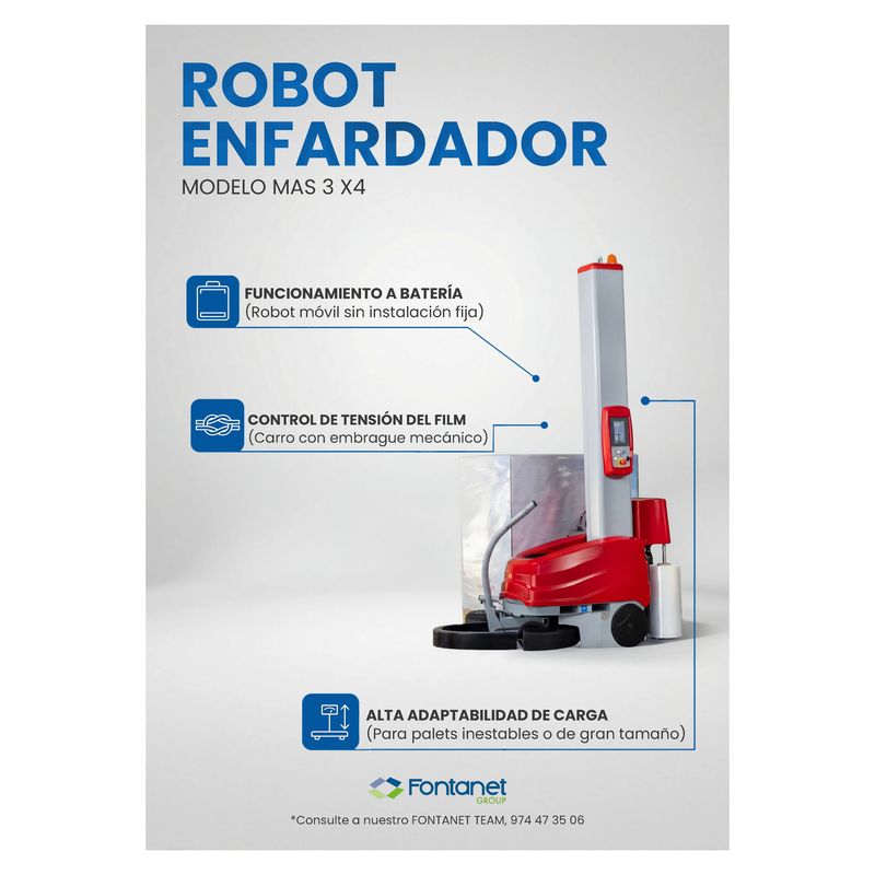 Robot enfardador Master 3 X4 rojo y gris junto a un palet envuelto en film