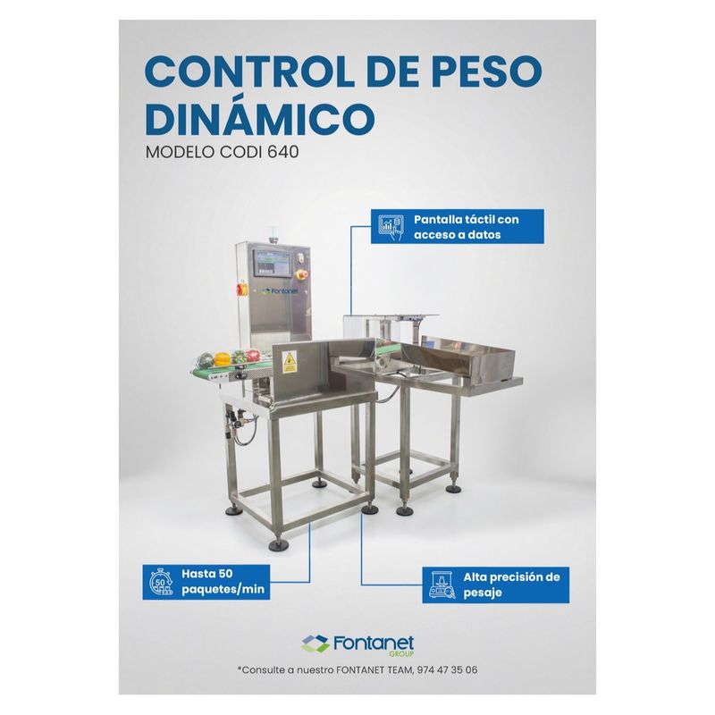 Control de peso dinámico CODI 640 de acero inoxidable con cinta, pantalla táctil y mesa de descarte