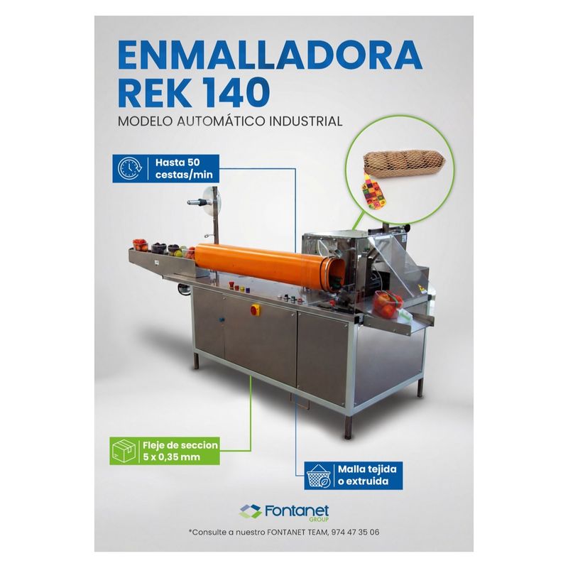 Enmalladora automática REK 140 en acero inoxidable con tubo de malla naranja y cestas de fruta en la cinta