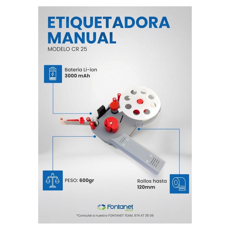 Fiche catalogue de l'étiqueteuse manuelle CR25, applicateur gris et rouge avec disque porte-rouleau