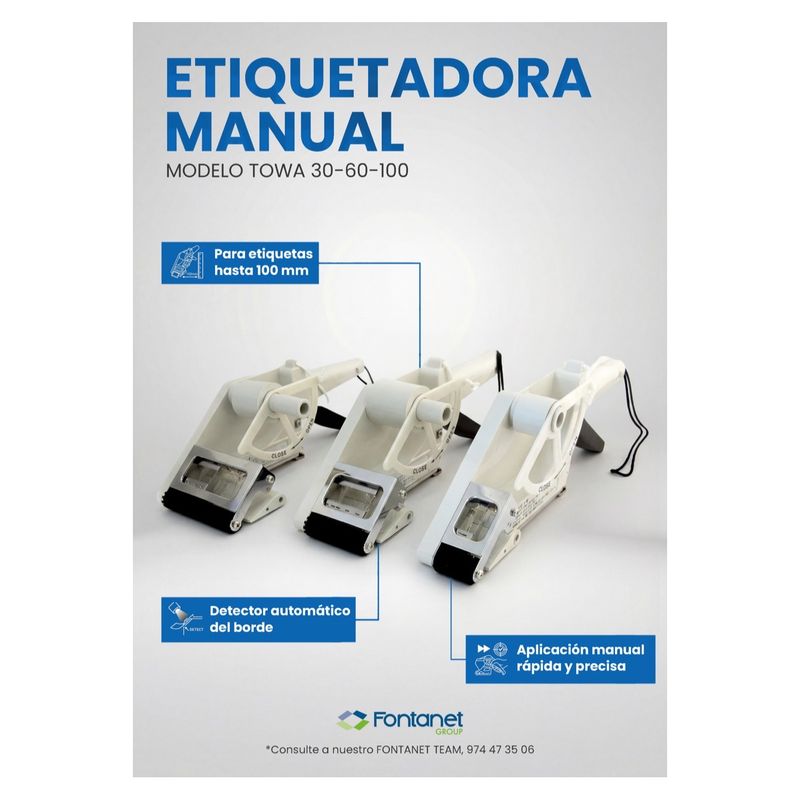 Hoja de catálogo de tres etiquetadoras manuales TOWA blancas de distinto tamaño