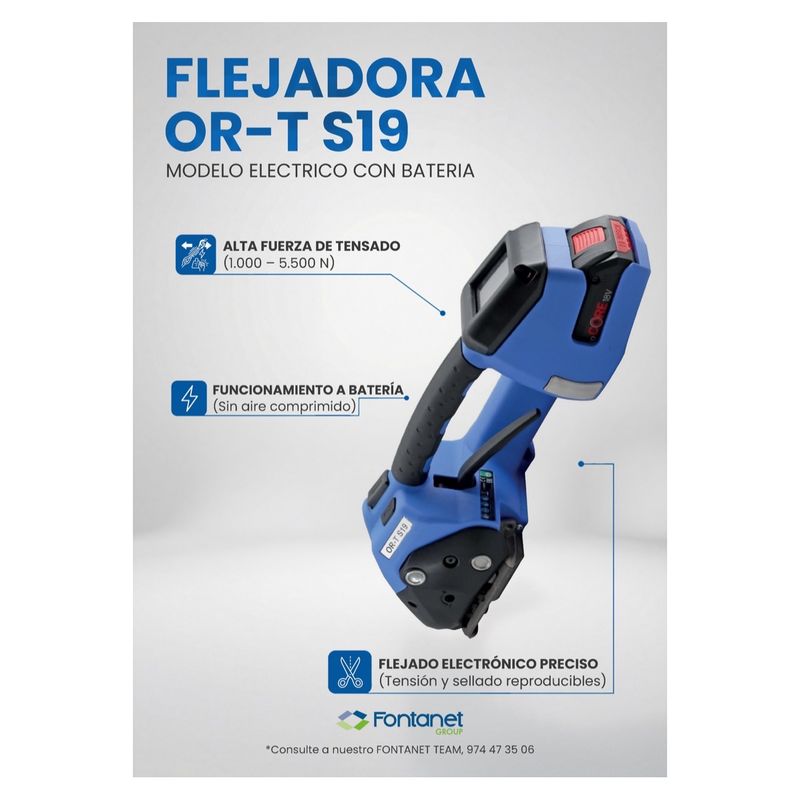 Fiche catalogue de la cercleuse sur batterie OR-T S19 bleue avec batterie 18 V