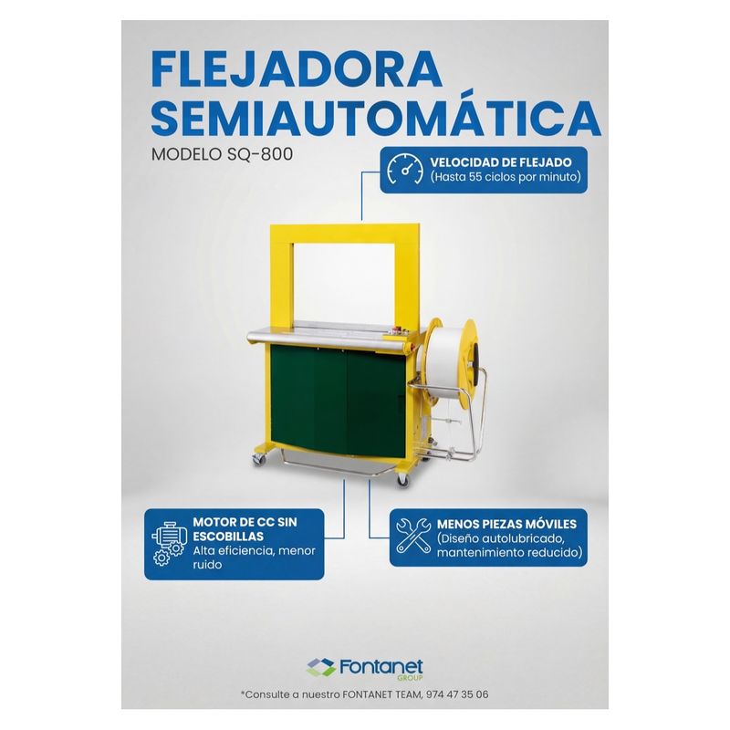 Hoja de catálogo de la flejadora semiautomática SQ-800 de arco amarillo con bobina de fleje
