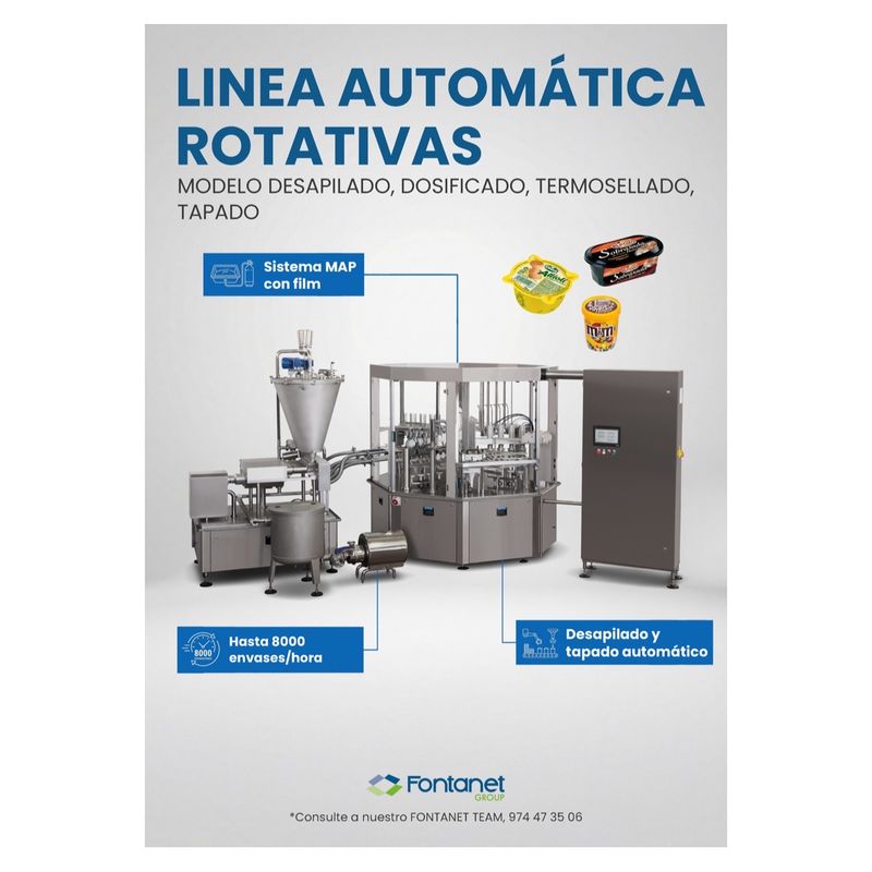 Ligne automatique rotative en acier inoxydable avec trémie doseuse, carrousel de conditionnement et armoire de commande, à côté de pots et gobelets scellés