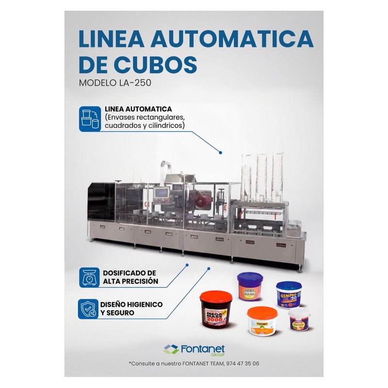Linea automatica per secchi LA-250 in acciaio inox con colonne di contenitori vuoti in ingresso e pannello di comando, accanto a secchi di salse e maionese