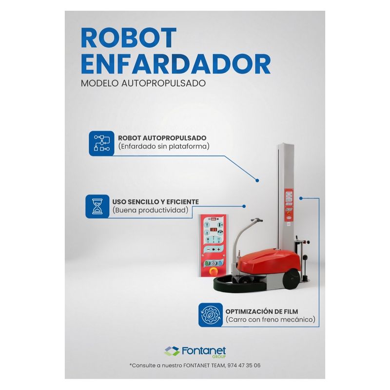 Robô envolvedor autopropulsado vermelho com coluna cinzenta e botoneira de comando