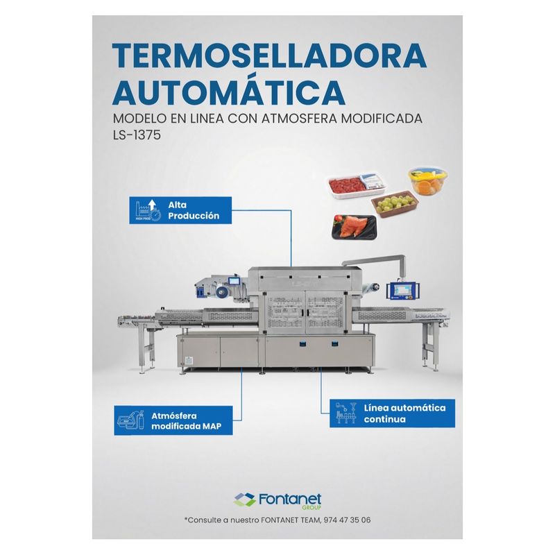 Termoselladora automática LS-1375 en línea, de acero inoxidable, con cintas de entrada y salida y panel táctil en brazo