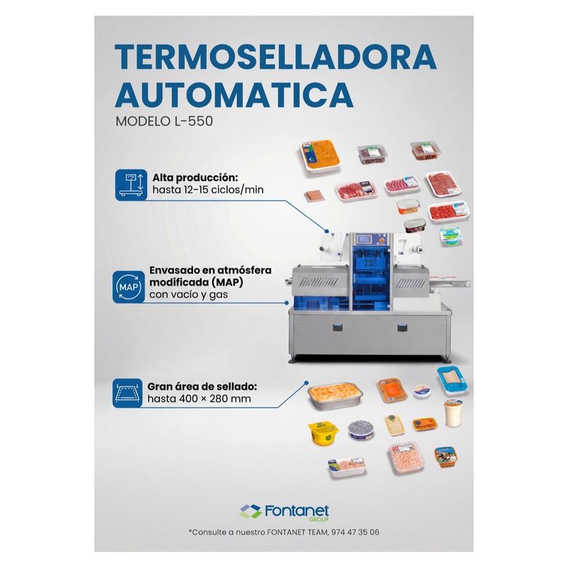 Termoselladora automática L-550 de acero inoxidable con bobinas de film a ambos lados, rodeada de bandejas de carne, platos preparados, salmón y tarrinas