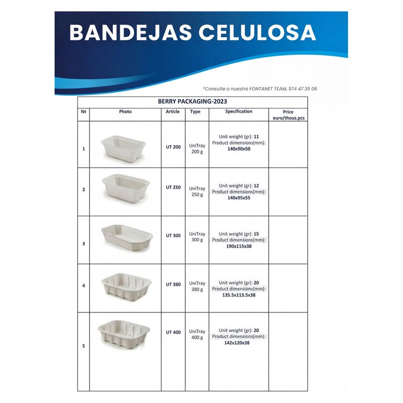 Scheda di catalogo delle vaschette in cellulosa UniTray bianche con referenza, peso e misure