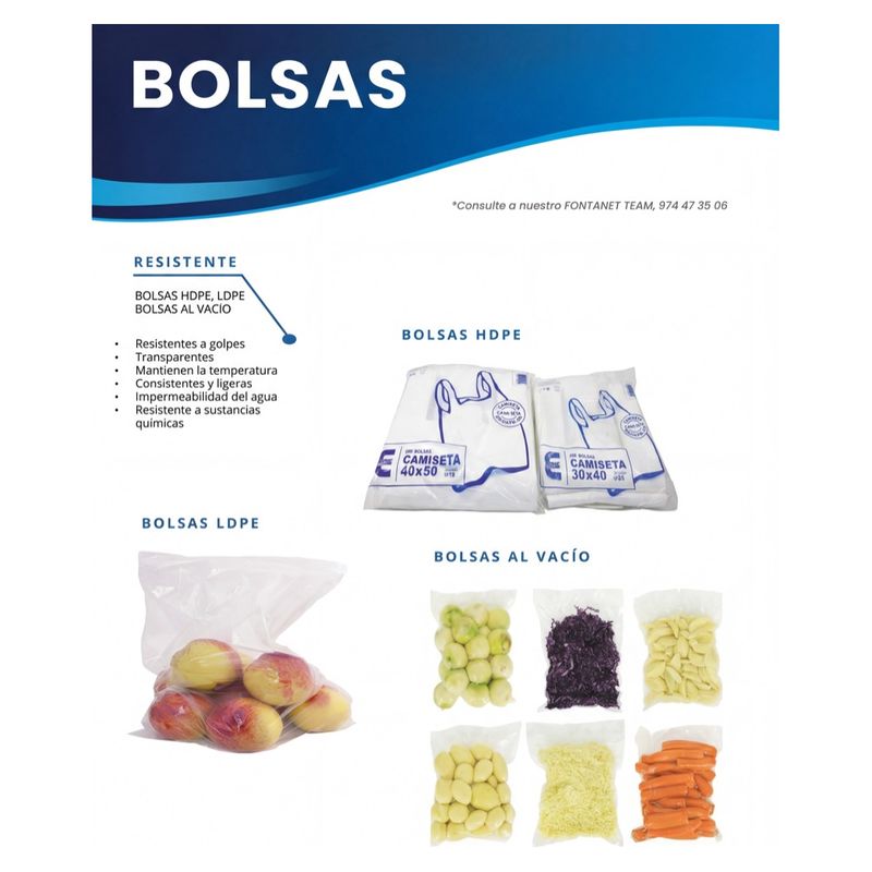 Hoja de catálogo de bolsas con paquetes de bolsas camiseta HDPE, bolsa LDPE con fruta y bolsas de vacío con alimentos