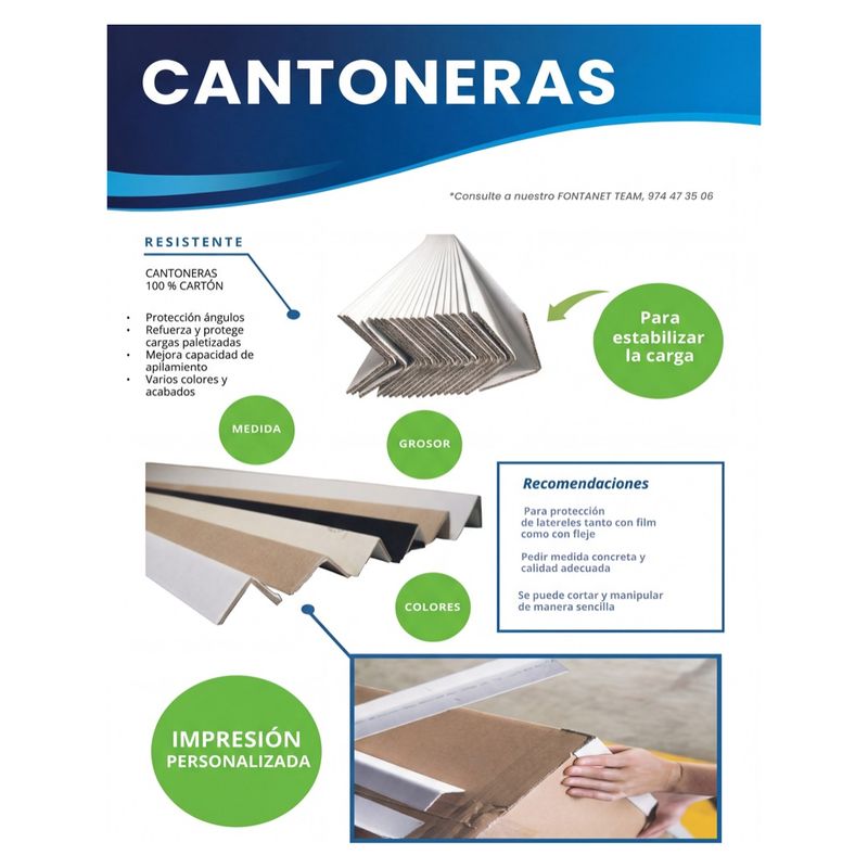 Hoja de catálogo de cantoneras de cartón en blanco, kraft y negro aplicadas sobre cajas