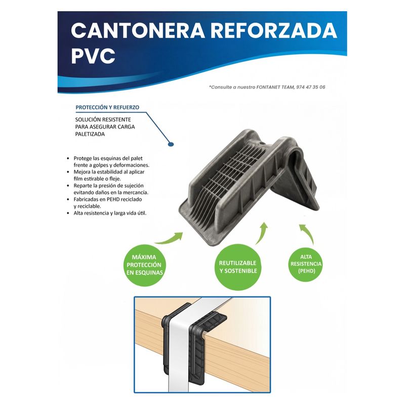 Hoja de catálogo de la cantonera reforzada de plástico gris con nervios y dibujo de uso bajo un fleje