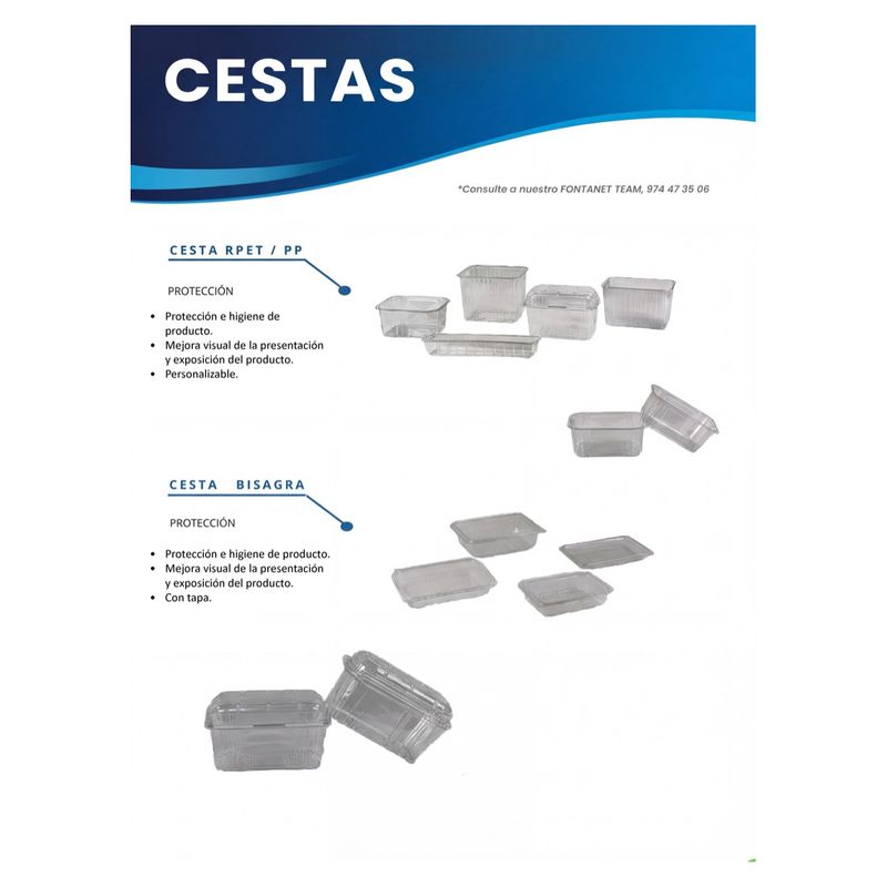 Catalogue sheet showing open clear rPET and PP punnets and hinged punnets with lids
