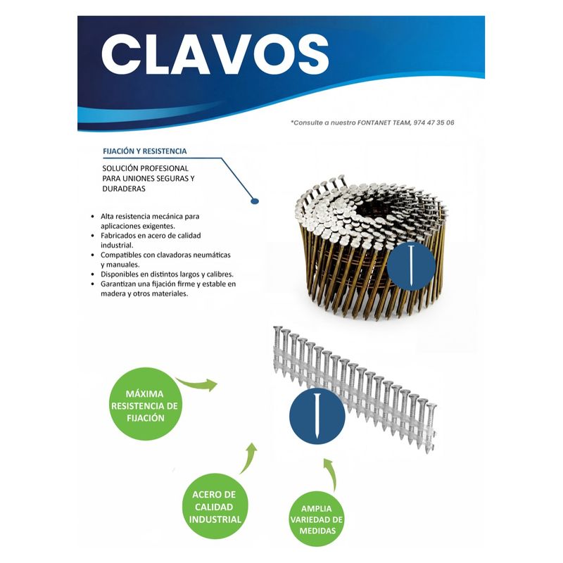 Hoja de catálogo de clavos con un rollo de clavos y una tira de clavos