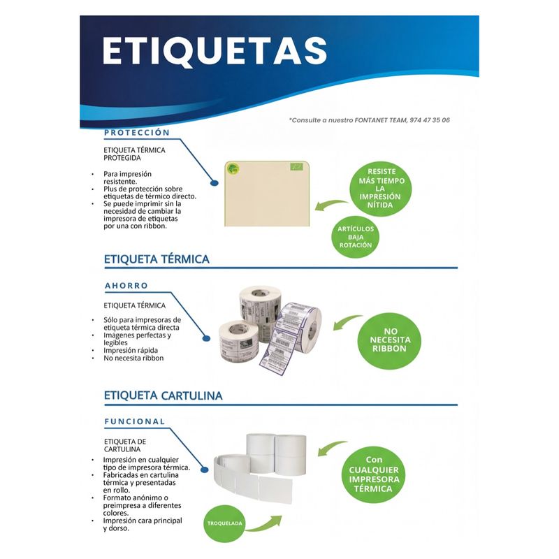 Hoja de catálogo de etiquetas con rollos de etiqueta térmica, protegida y de cartulina