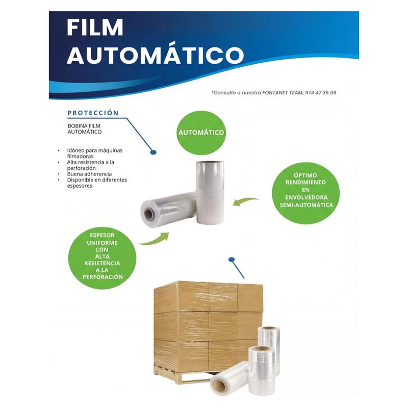Hoja de catálogo del film automático con bobinas transparentes y un palé de cajas enfardado