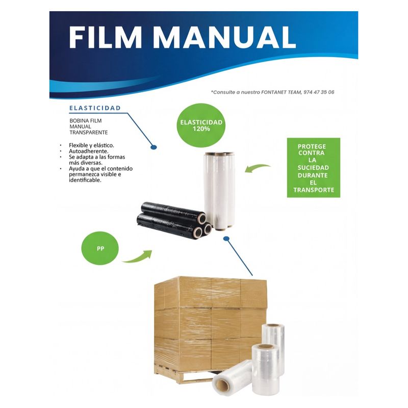 Catalogue sheet of hand stretch film with clear and black reels and a wrapped pallet of boxes