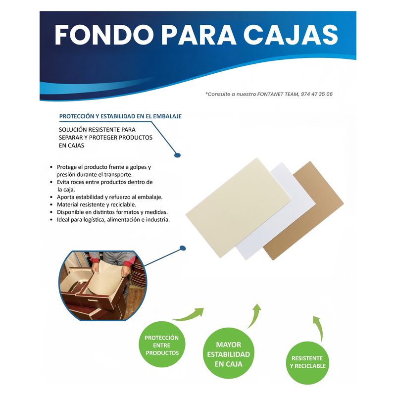 Hoja de catálogo de fondos para cajas: tres láminas en crema, blanco y kraft y un operario colocando un fondo en una caja