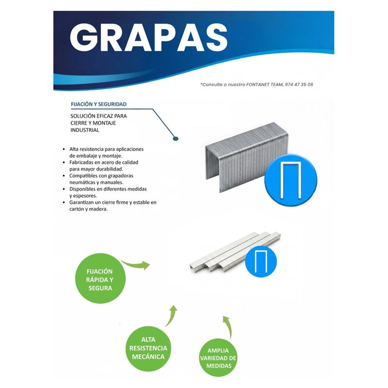 Scheda di catalogo delle graffe industriali con stecche di graffe in acciaio