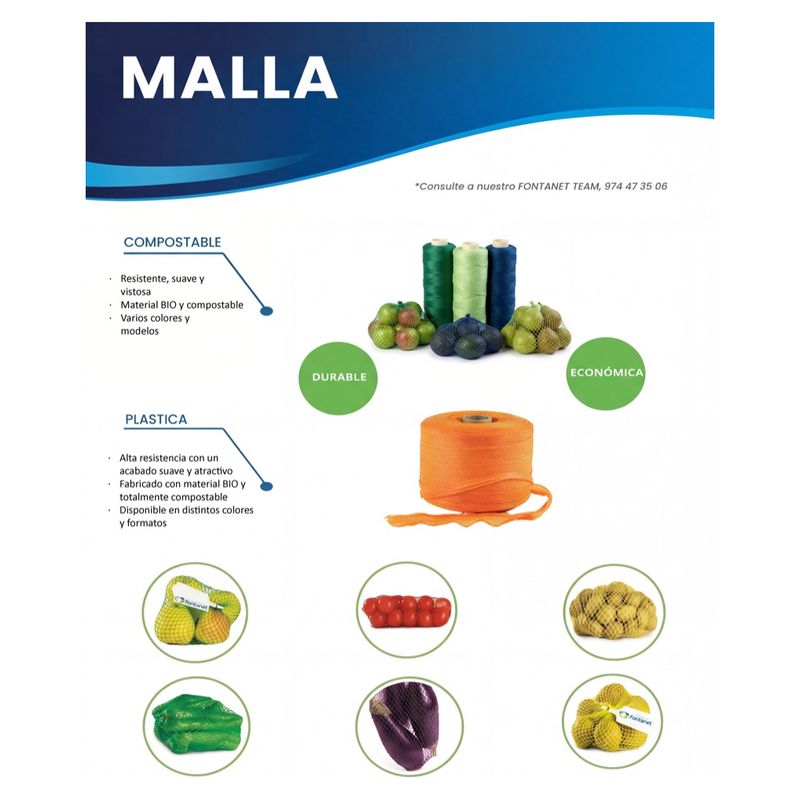 Hoja de catálogo de malla con bobinas de colores, una bobina naranja y frutas y hortalizas enmalladas
