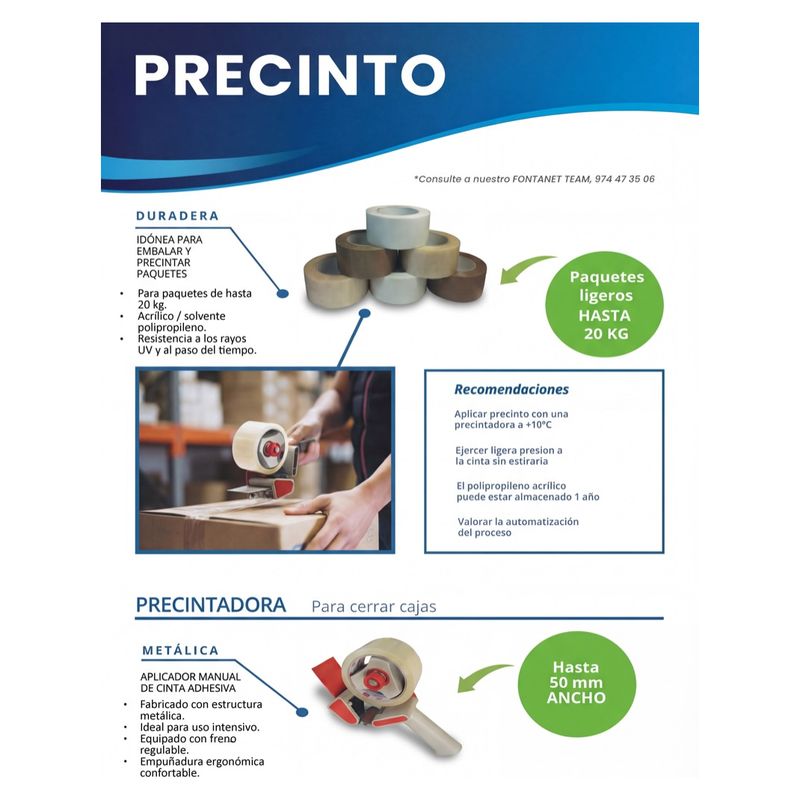 Hoja de producto de precinto con rollos transparentes y habana, aplicador manual y recomendaciones de uso