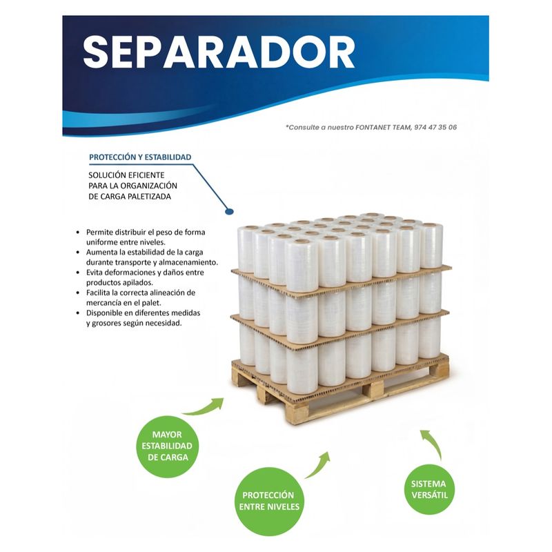 Layer pad catalogue sheet: pallet with three layers of film reels separated by cardboard sheets