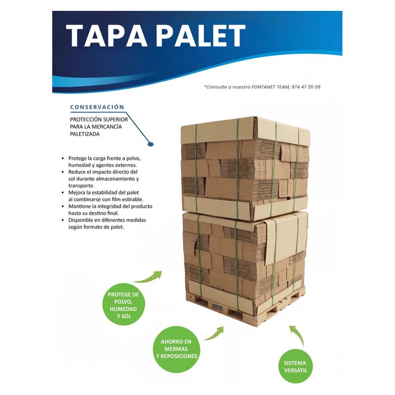 Ficha de catálogo da tampa de palete: duas paletes de caixas dobradas com tampas de cartão e fita de cintar