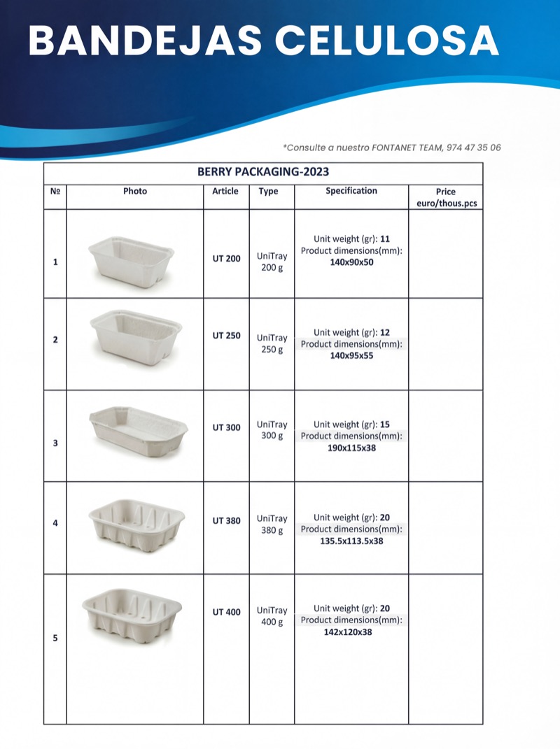 Bandejas de Celulosa - Bandejas de celulosa compostables para alimentación Bandejas de Celulosa - Bandejas para envasado alimentario para industria cárnica y procesadoras de fresco | Fontanet Group